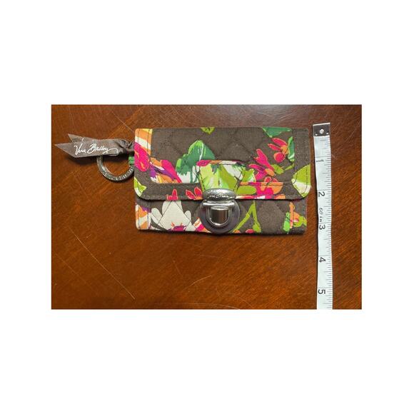 Vera Bradley Quick Swipe ID Coin Purse English Rose Floral Silver Key Loop Brown - Picture 6 of 7